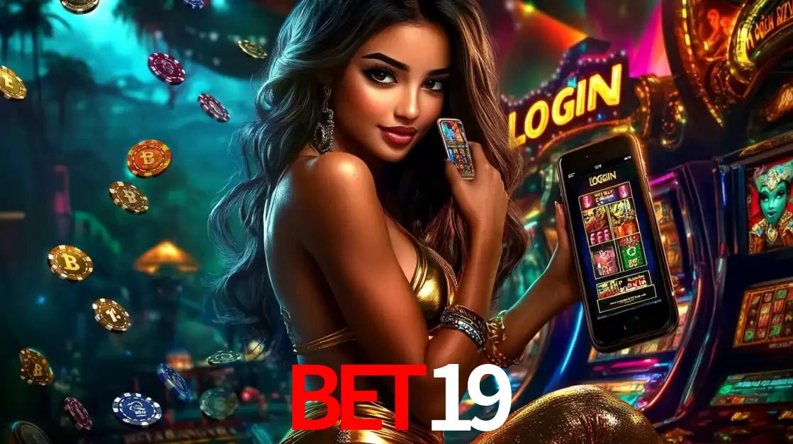 Mulher em um cenário de cassino temático de aventura, mostrando o app de caça-níqueis da BET19 no celular. Fichas de apostas flutuam ao redor.