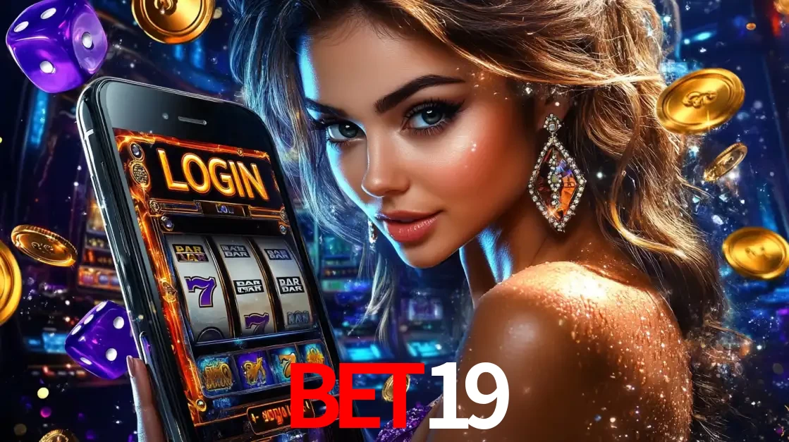 Mulher glamorosa segurando um smartphone com a tela de login para os jogos de caça-níqueis do cassino online BET19, com moedas de ouro e dados ao redor.