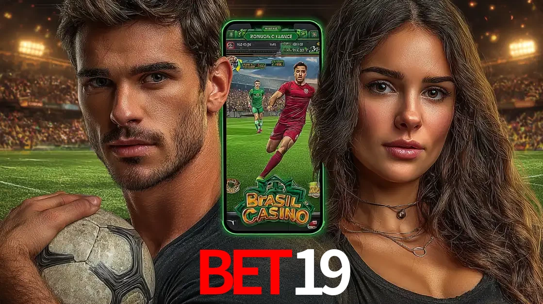 Homem segurando uma bola de futebol e uma mulher ao lado de um smartphone exibindo o jogo de apostas esportivas da BET19. Faça seu palpite no cassino online.